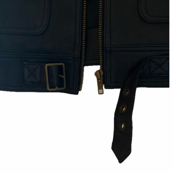 American Rag Black Genuine Leather Jacket Women’s Size Medium Moto Cropped Belt - Picture 6 of 10